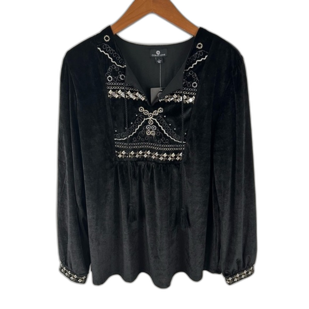 Curations Black Embroidered Velvet Blouse NWT Size Large Y2K Date Valentine's